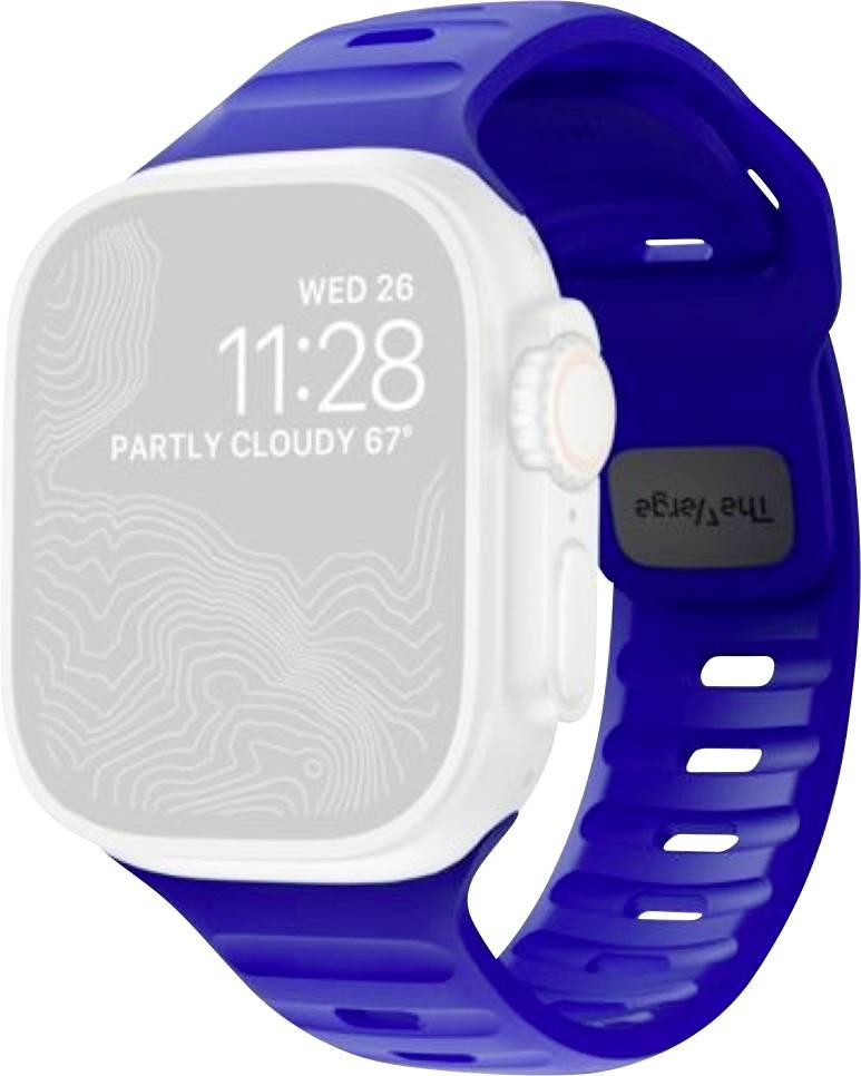 Blau-weiße Smartwatch mit quadratischem Displayrahmen, auf dem 