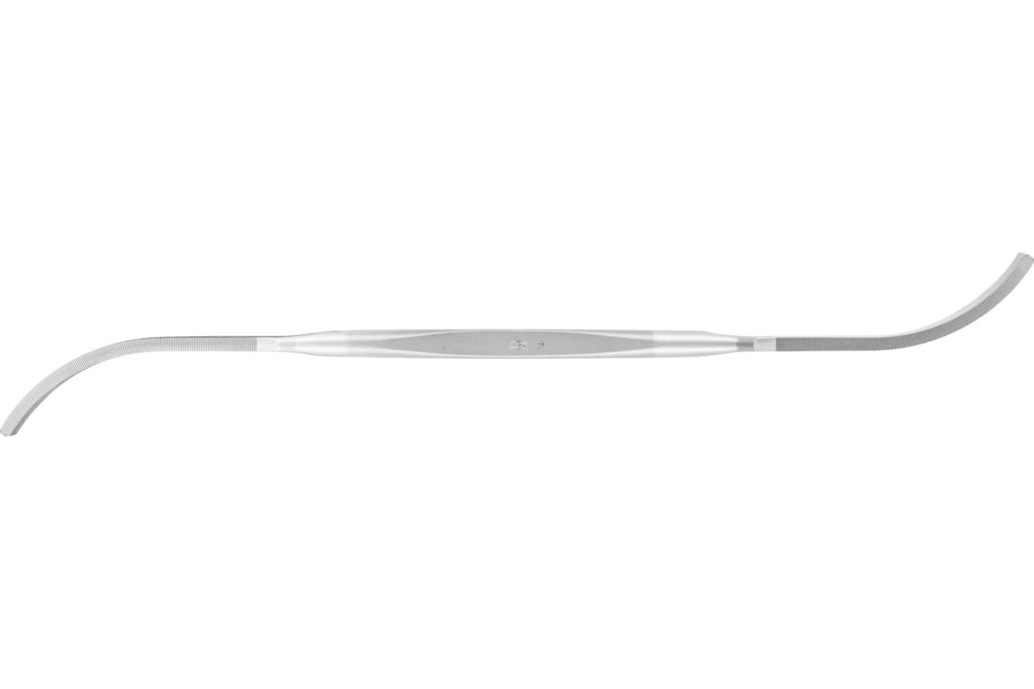 A long, thin silver curved tool or wire-like object with a straight center and bent ends on a white background.