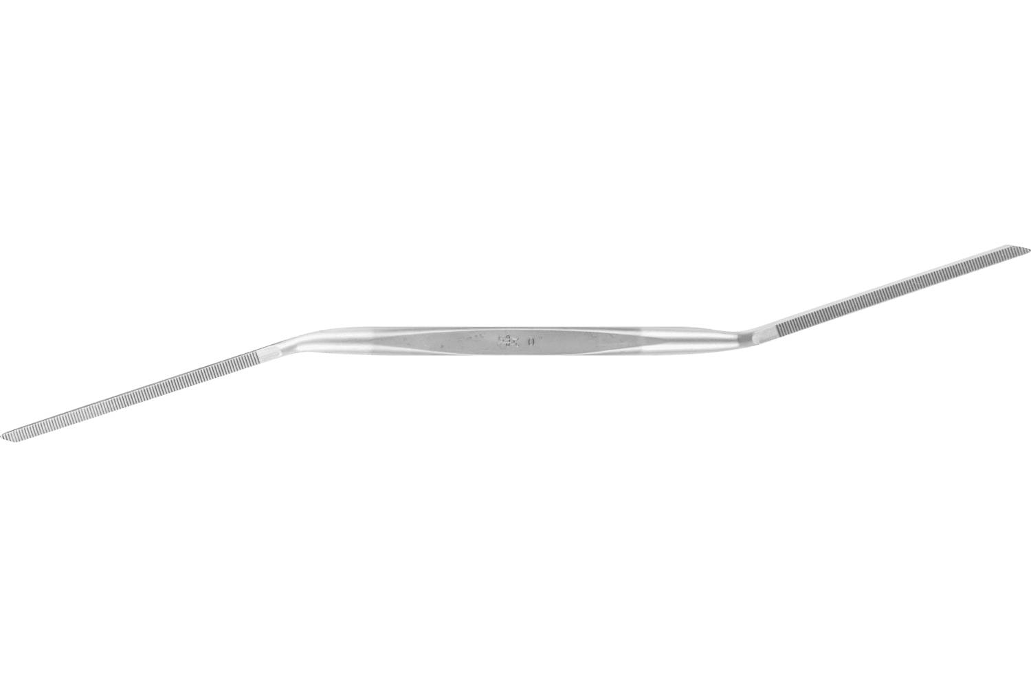 Silver double-ended dental scaler tool on a white background, with angled textured tips on both ends and a slim curved center handle.