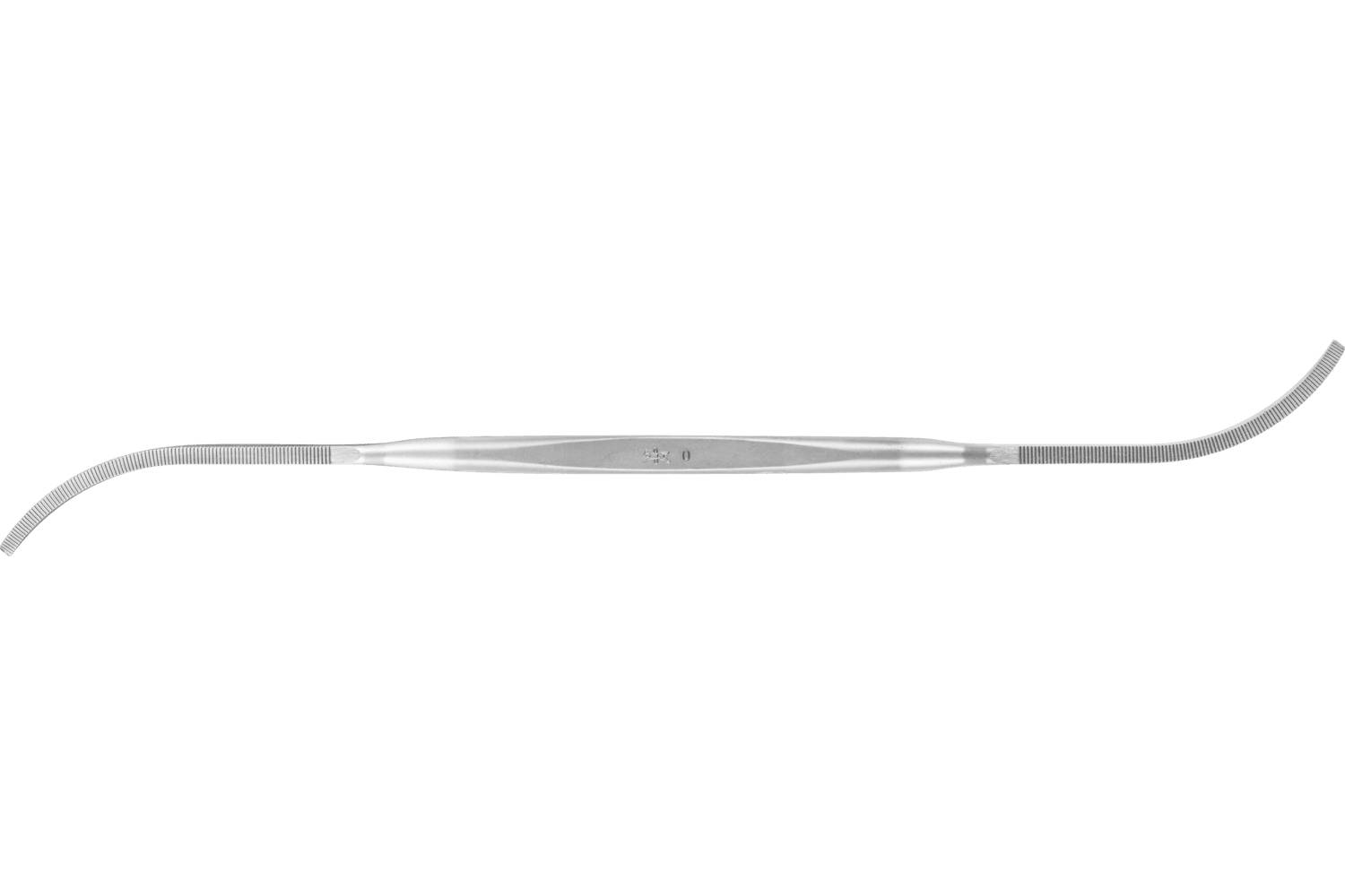 A silver double-ended dental instrument with curved tips, shown horizontally on a white background.