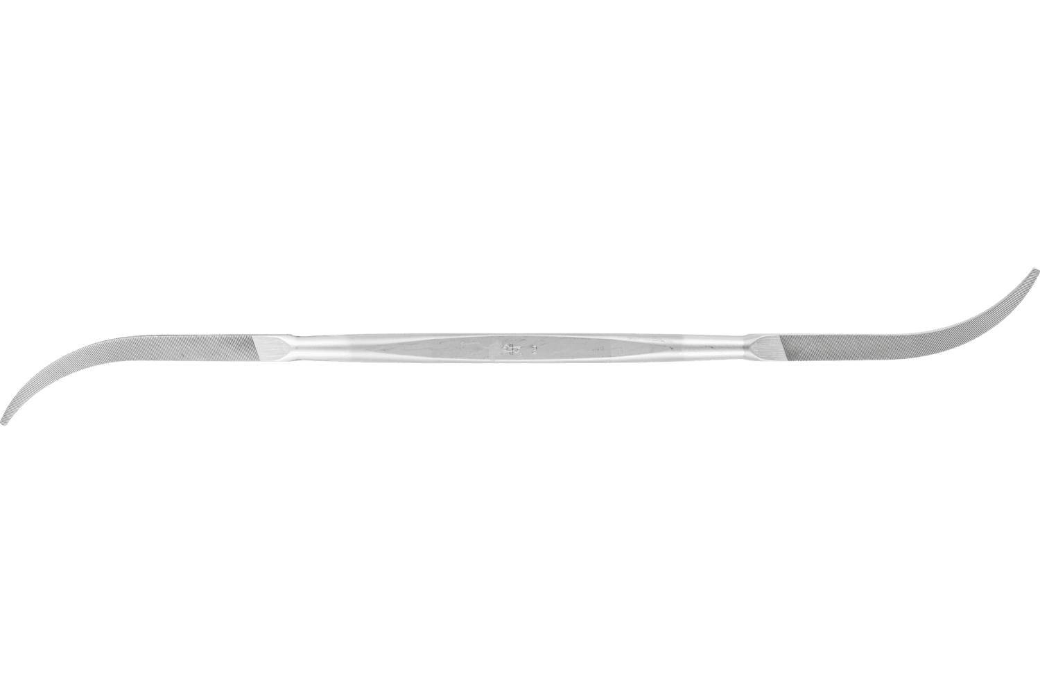 A double-ended metal dental scaler with curved tips, shown horizontally on a white background.