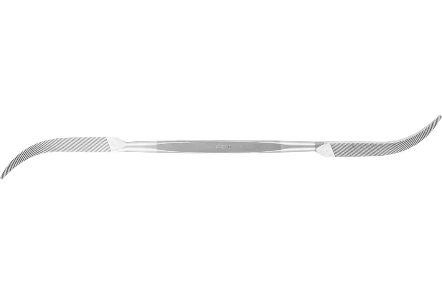 A silver double-ended medical instrument with curved hooked tips on both ends, shown isolated on a white background.