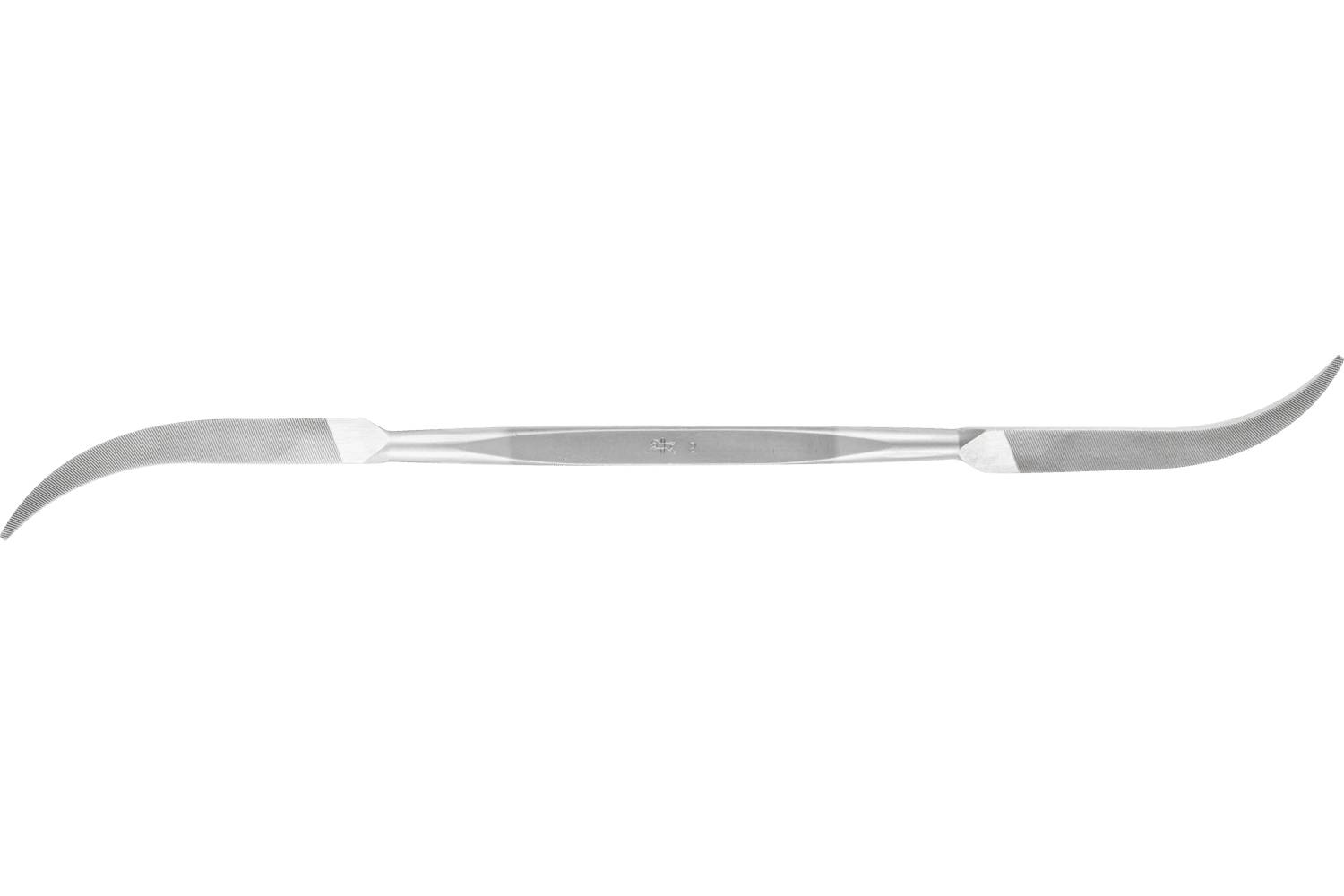 A straight metal dental hand instrument with two curved scraper blades on opposite ends, shown on a white background.