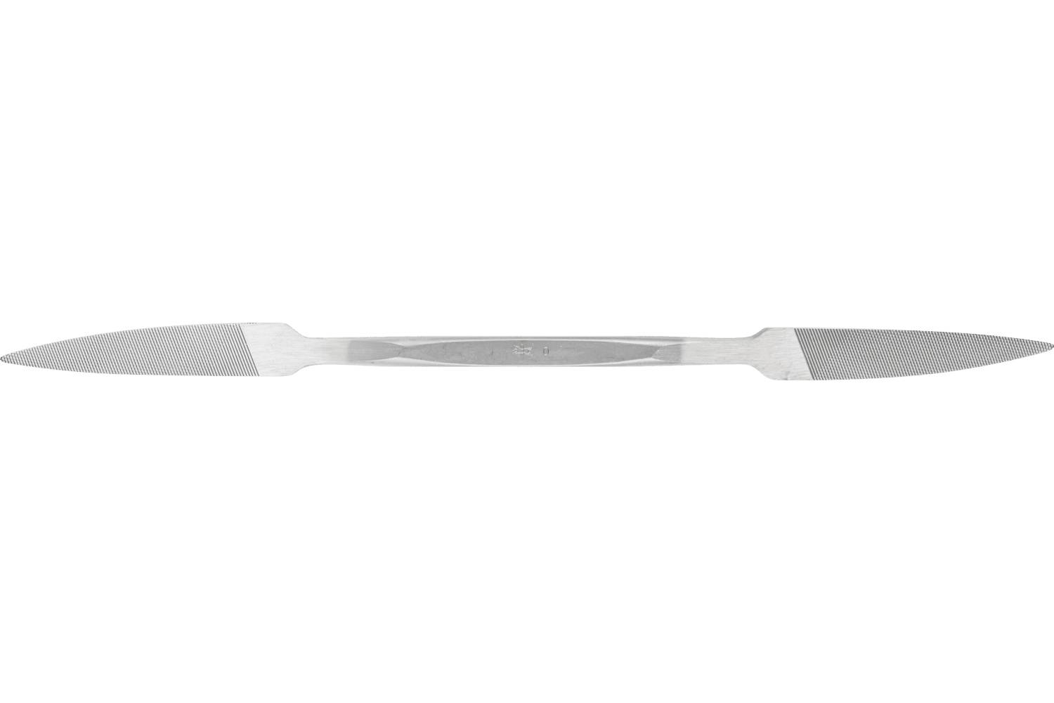 A silver nail file with textured abrasive ends on a white background.