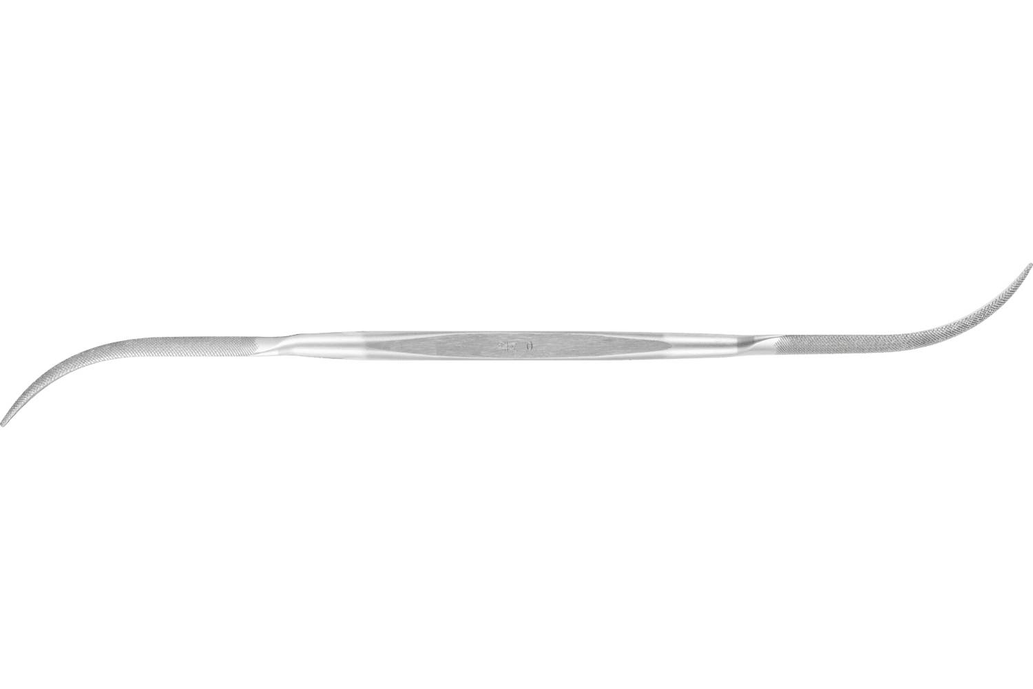 A metal dental scaler tool with a long straight handle and curved pointed tip, shown on a white background.