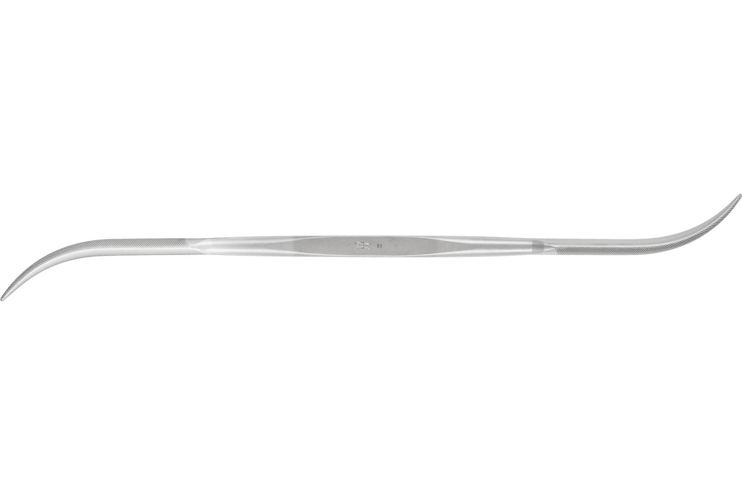 A long, slender silver metal dental tool with curved, pointed ends, shown on a white background.