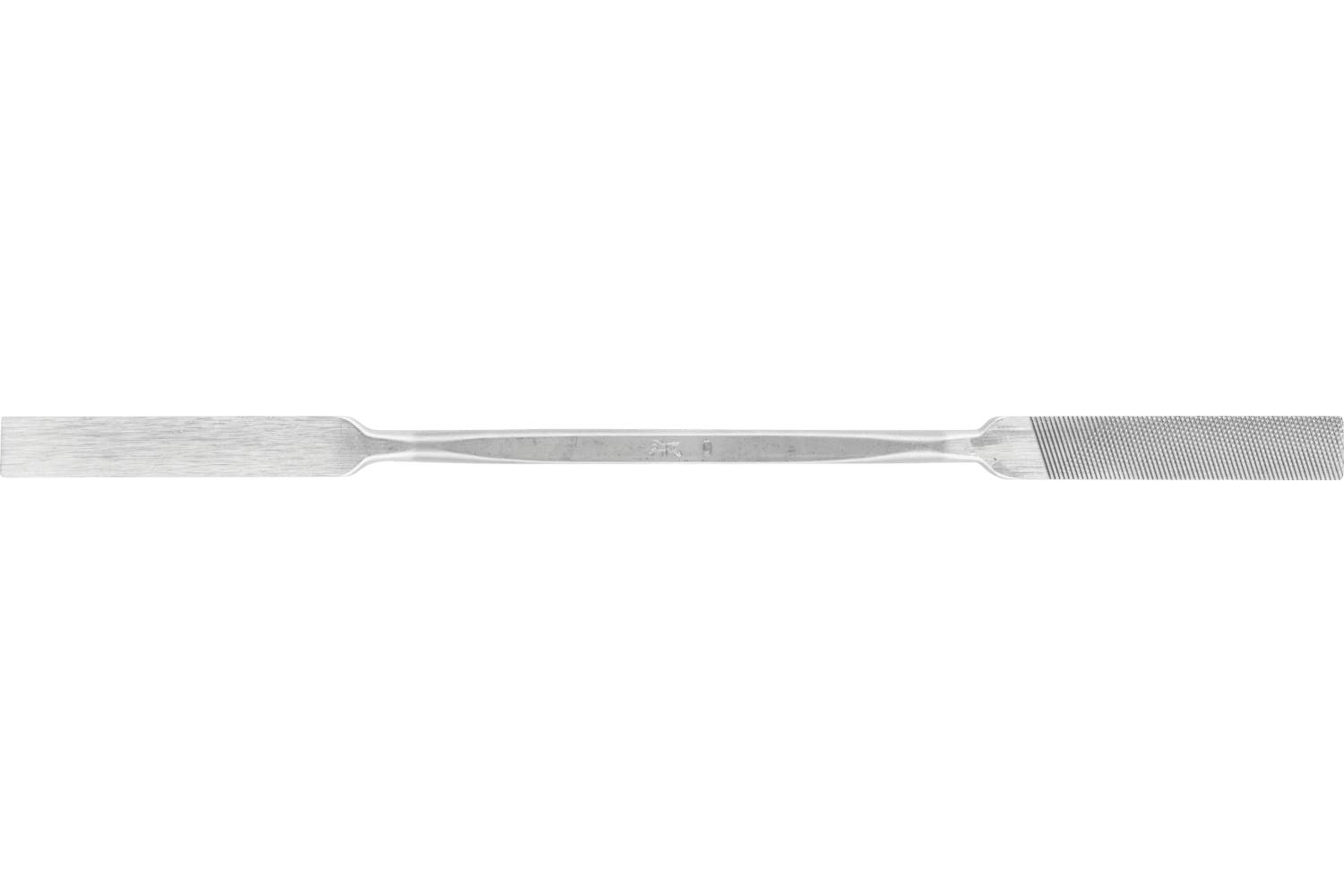 Metal file with two flat, textured ends and a narrow handle, shown horizontally on a white background.