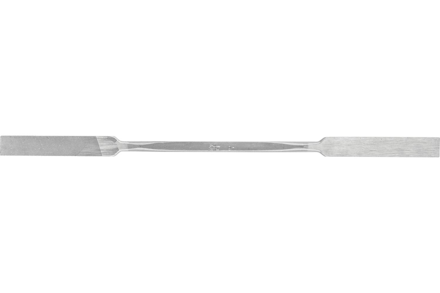 A metal spatula-like tool with a long narrow handle and wide flat ends on both sides, shown horizontally on a white background.