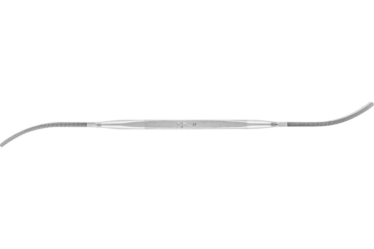 Metallic surgical instrument with a straight central handle and flexible ribbed ends curved upward and downward on a white background