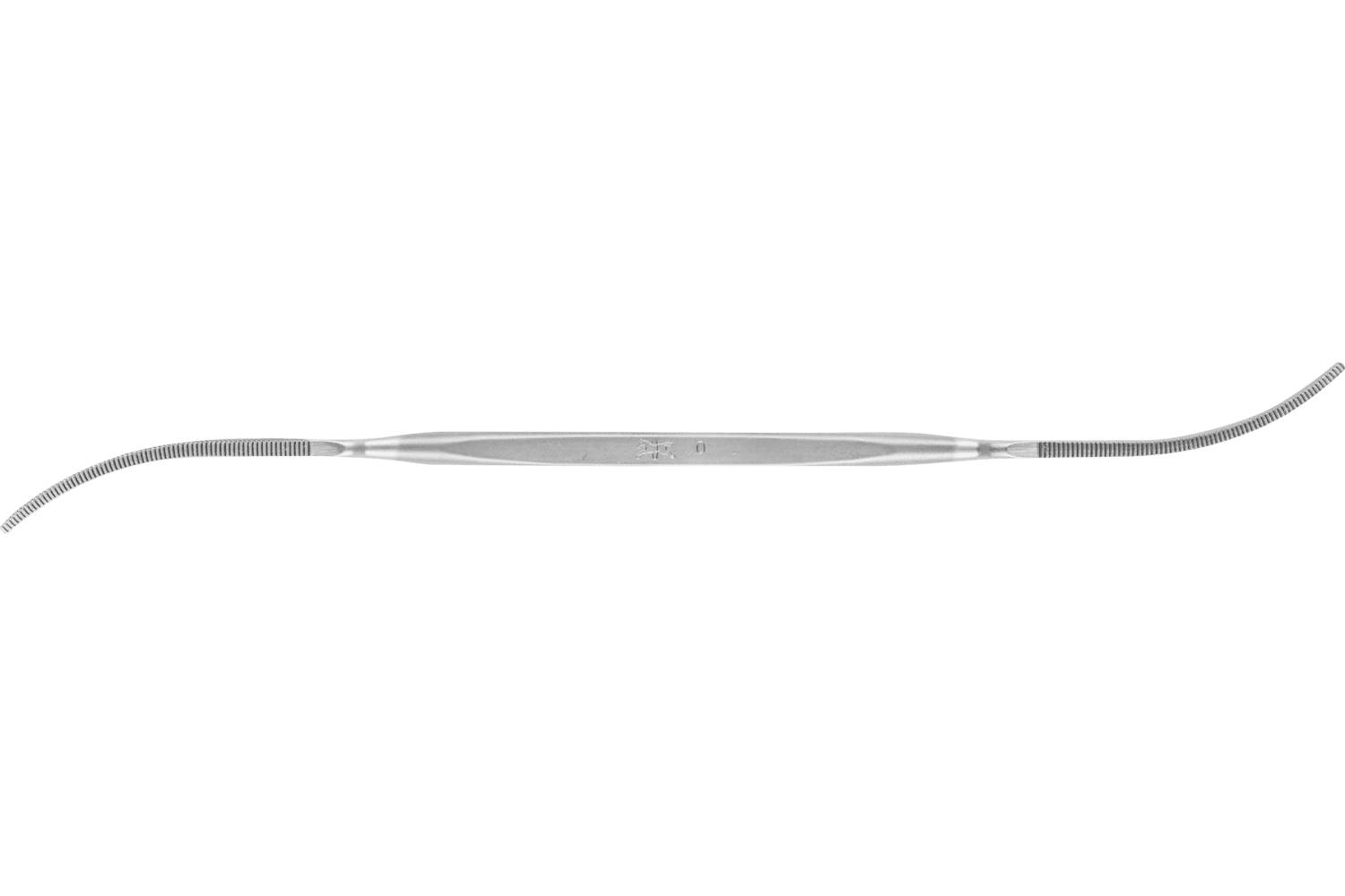 A slender silver medical instrument with curved, ribbed ends on a plain white background.