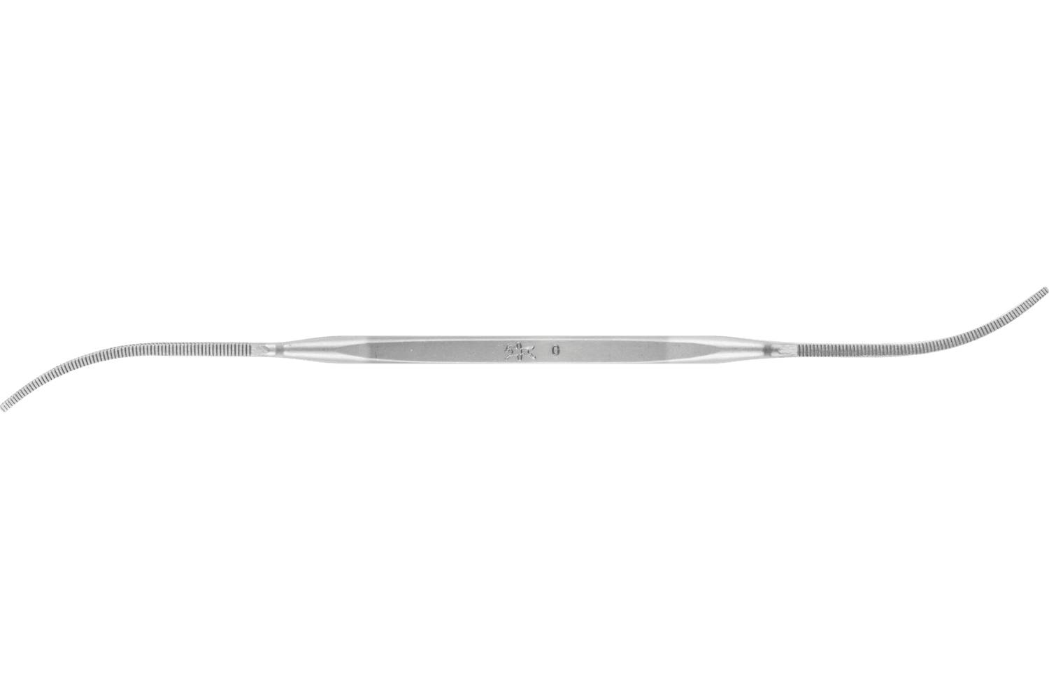 A slender silver metal dental tool with a central grip and curved hook-like ends on both sides.