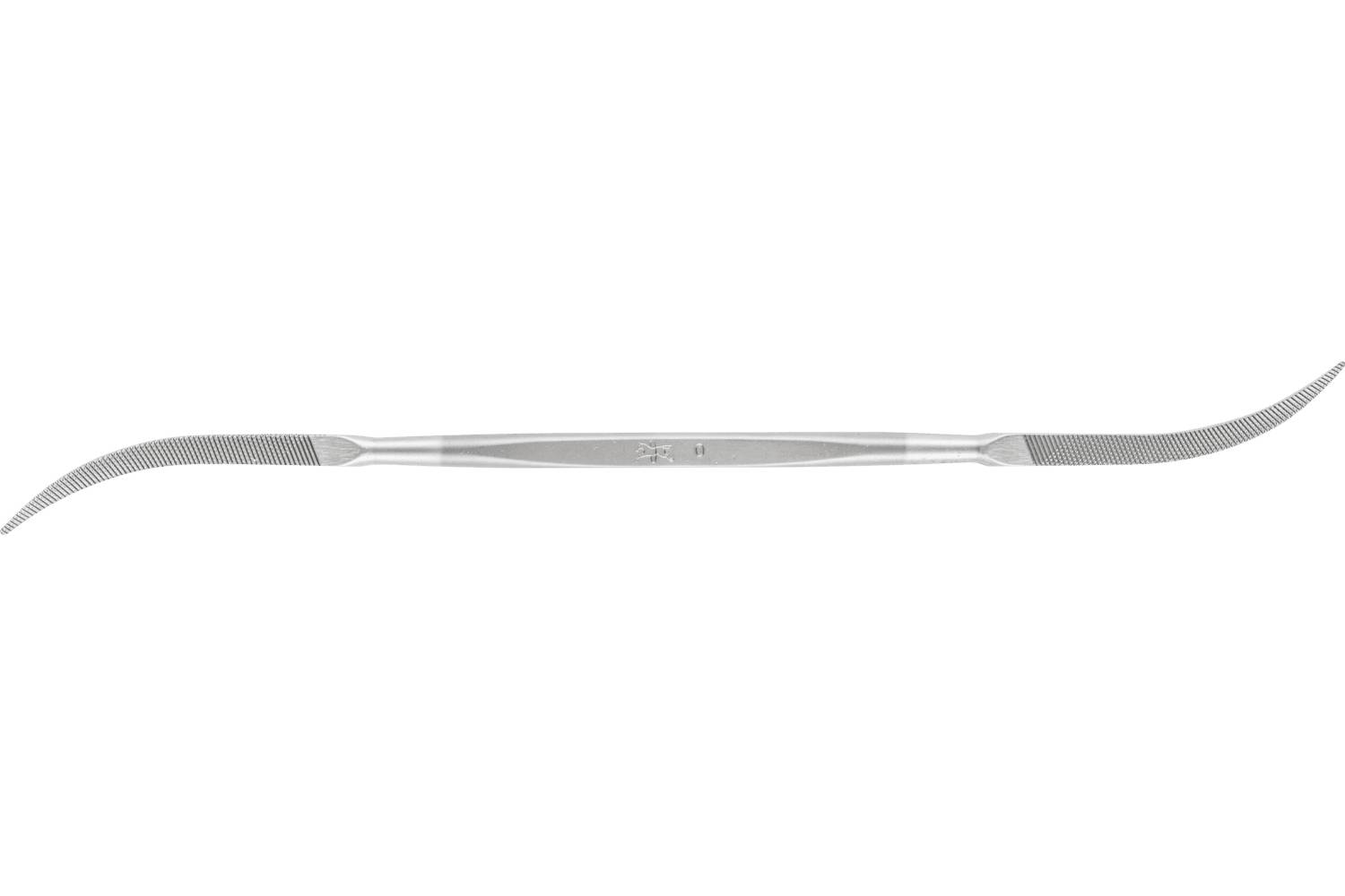 A metal double-ended surgical instrument with curved, textured tips on both ends, shown isolated on a white background.