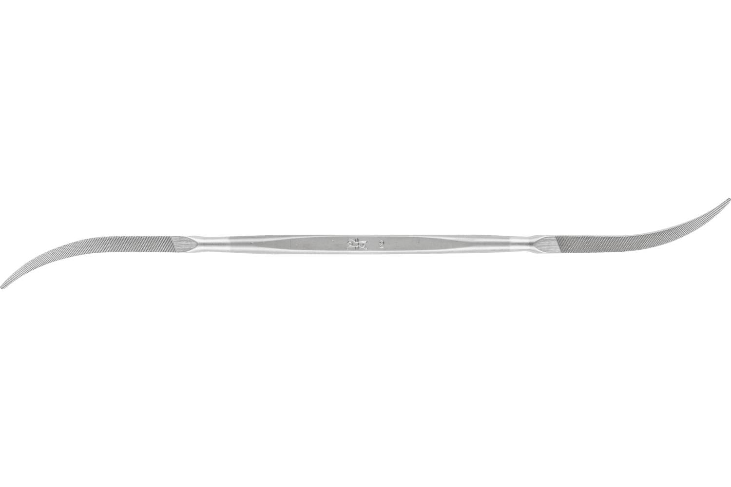 A silver double-ended dental scaler with two curved tips on a white background.