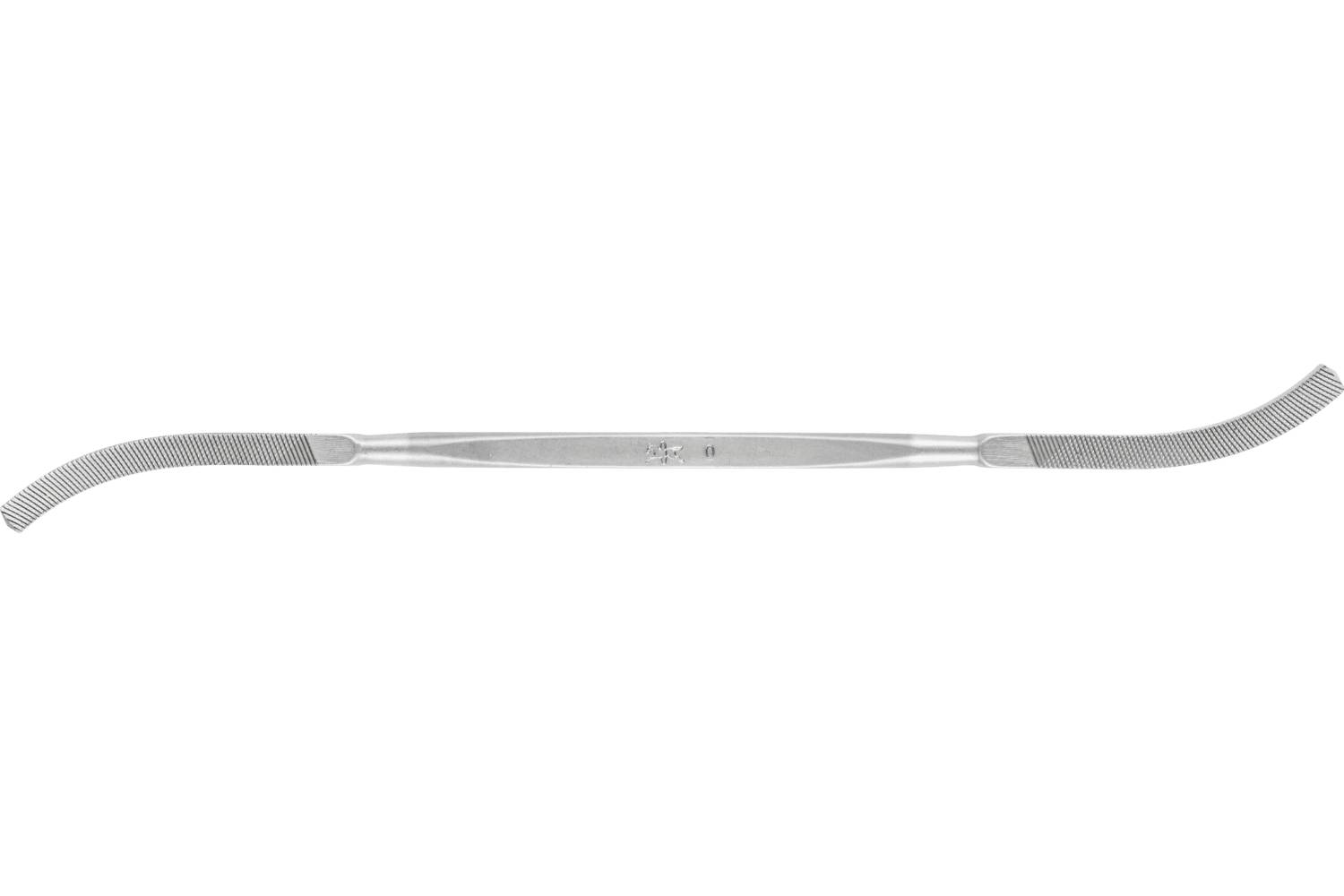 Long, thin metal surgical instrument with a straight handle and curved textured ends on both sides, shown on a white background.