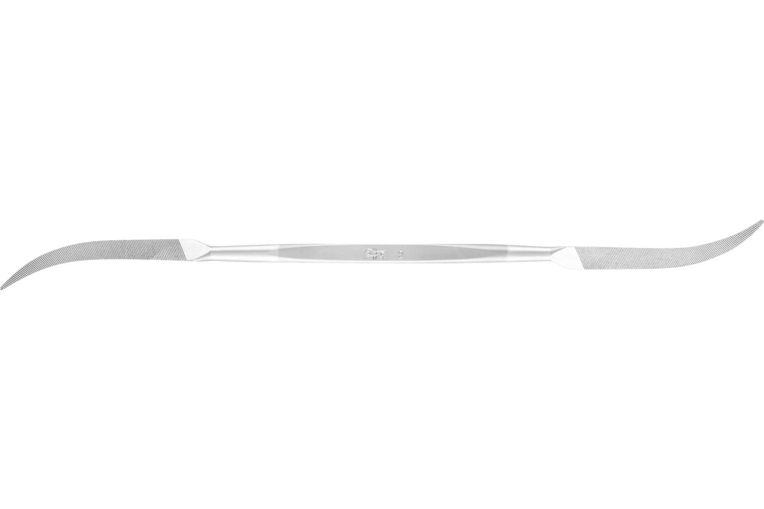 A silver dental scaler tool with two curved hooked ends on a white background.