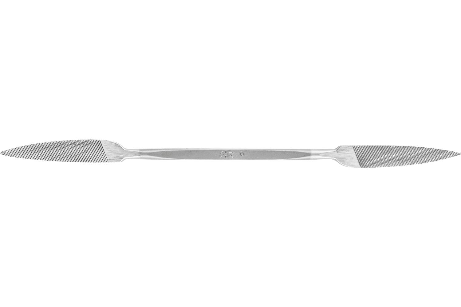 A long, double-ended metal nail file with textured abrasive surfaces on both tapered ends, shown on a white background.