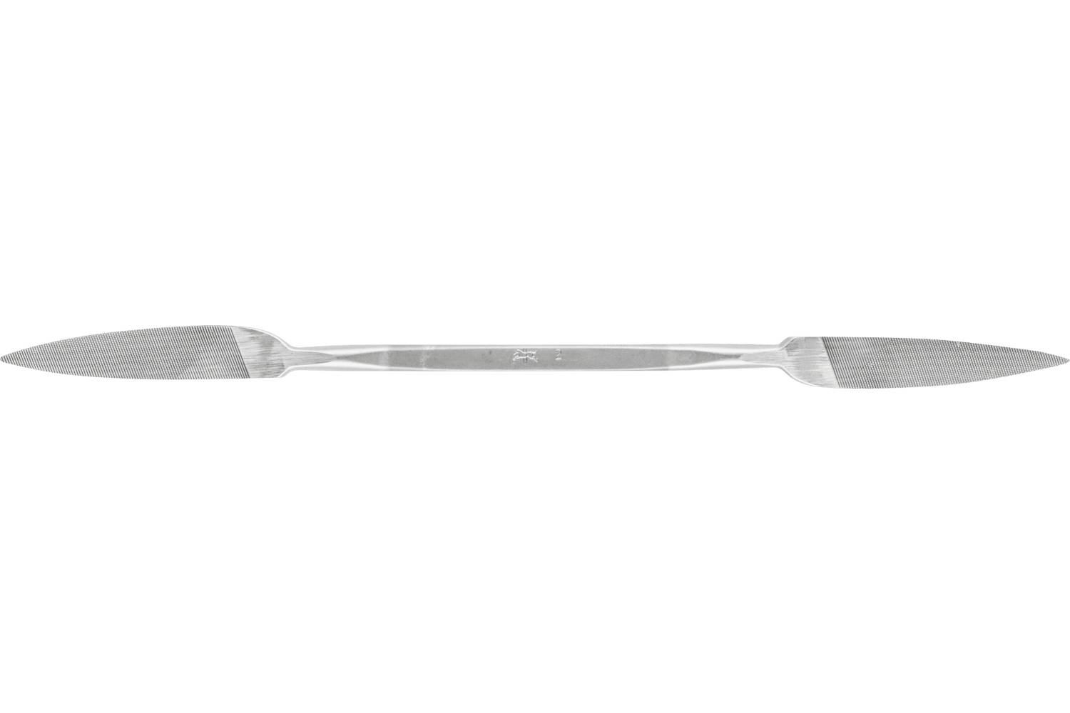 A silver metal palette knife with a long narrow handle and pointed blade at both ends, shown on a white background.