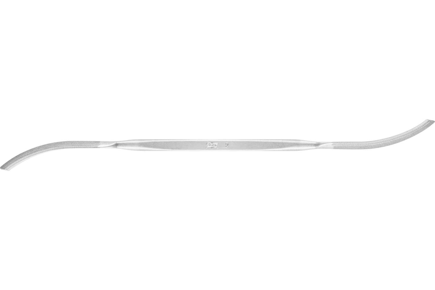 Long silver curved dental instrument isolated on a white background