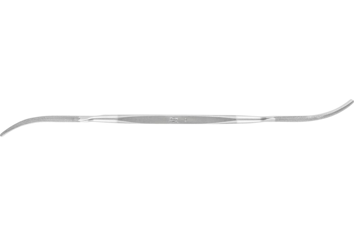 A slender silver double-ended hook-shaped metal tool on a white background.