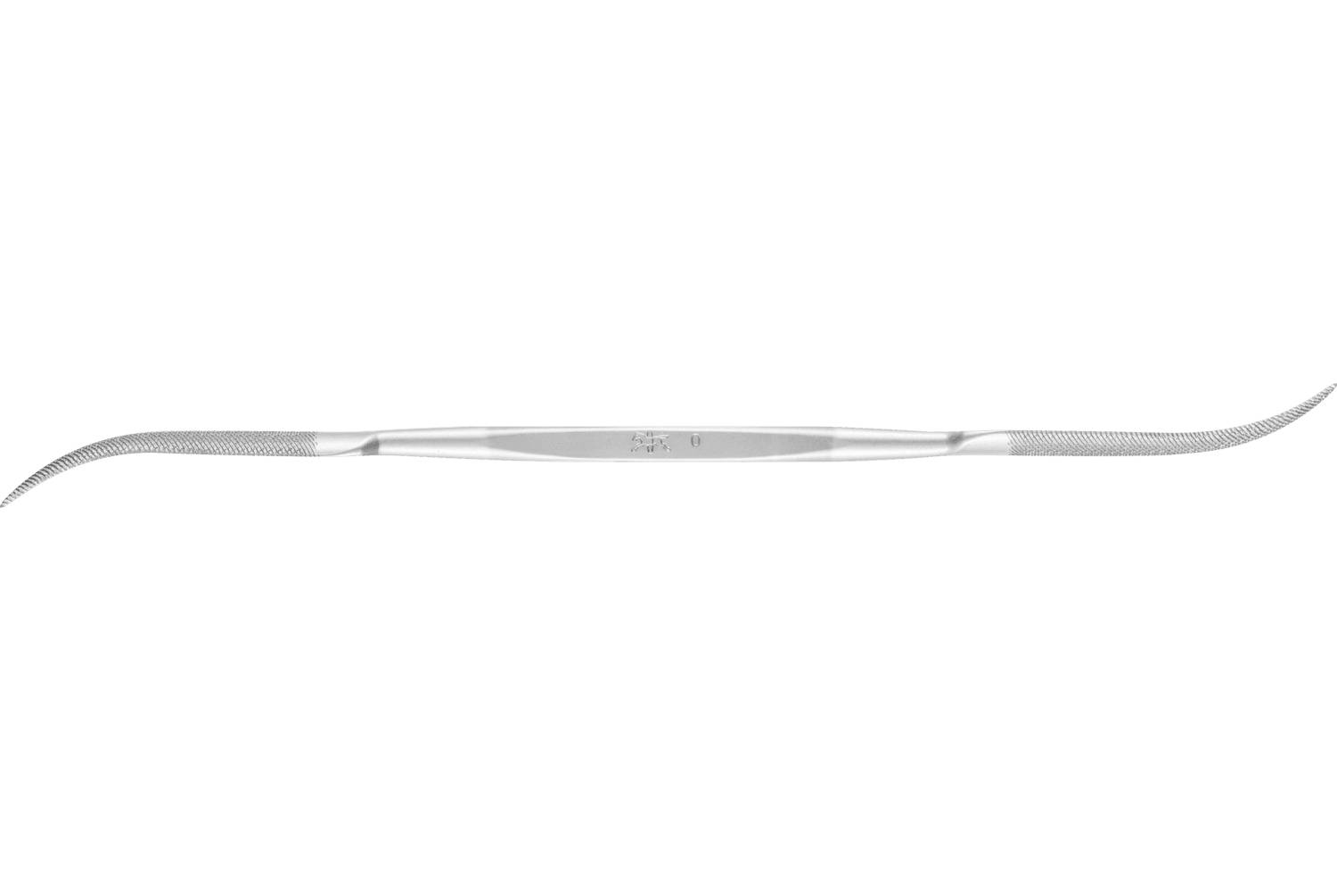A slender metallic double-ended dental instrument with curved tips, shown horizontally on a white background.