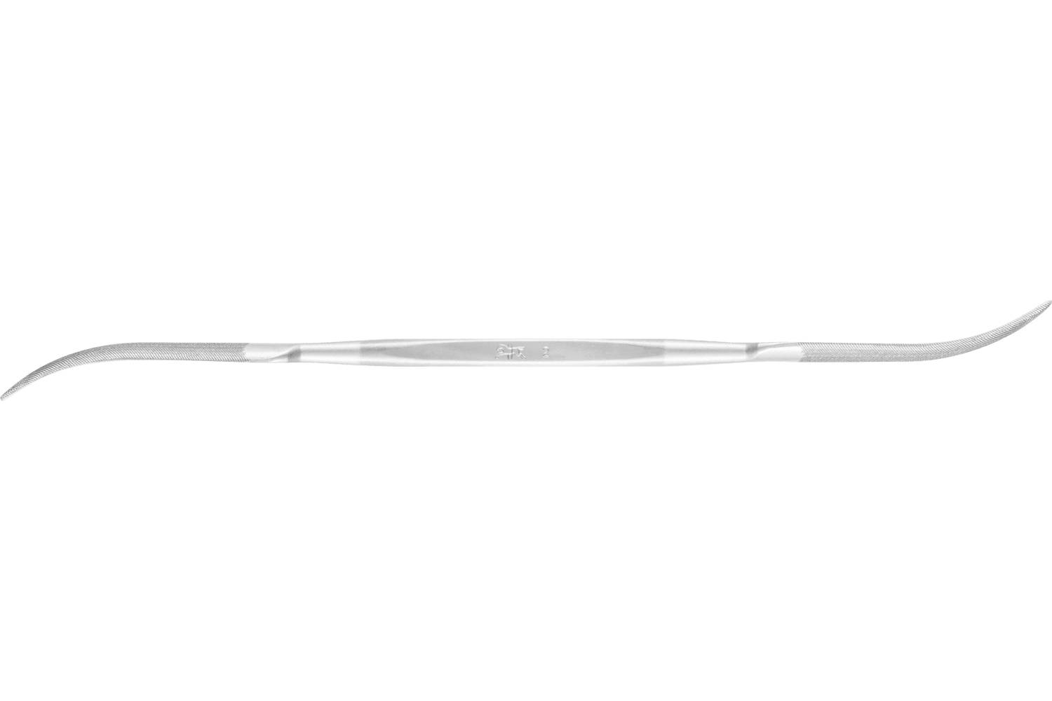 A long, slender silver metal instrument with curved ends shown on a white background.