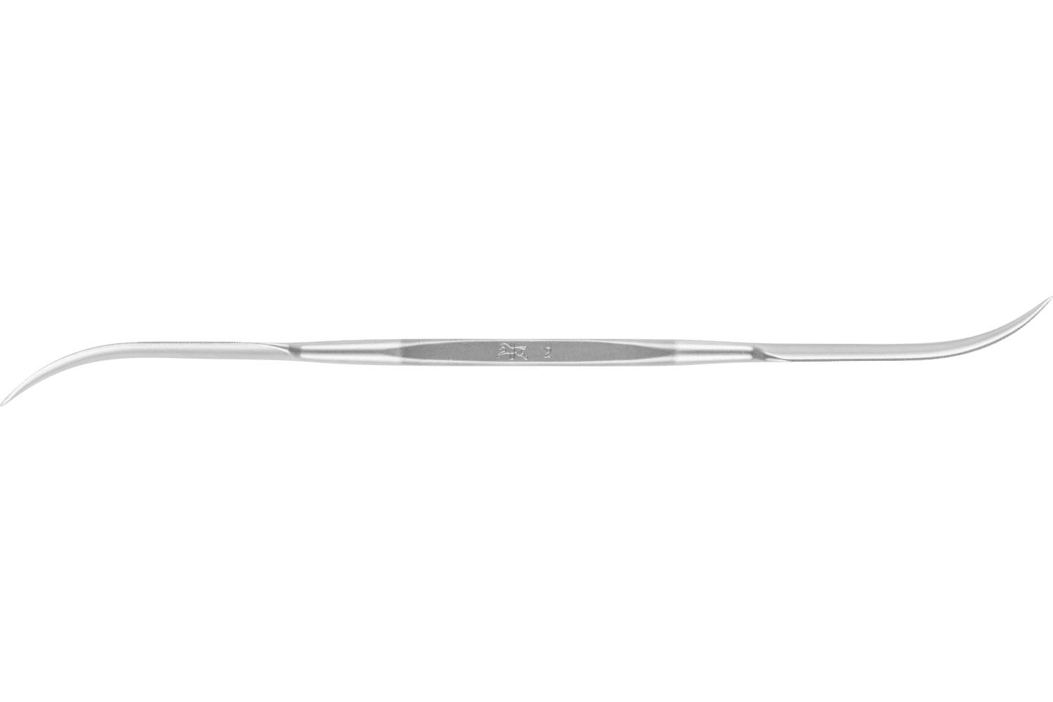 A silver double-ended dental instrument with a narrow central grip and curved tips on both ends, shown on a white background.