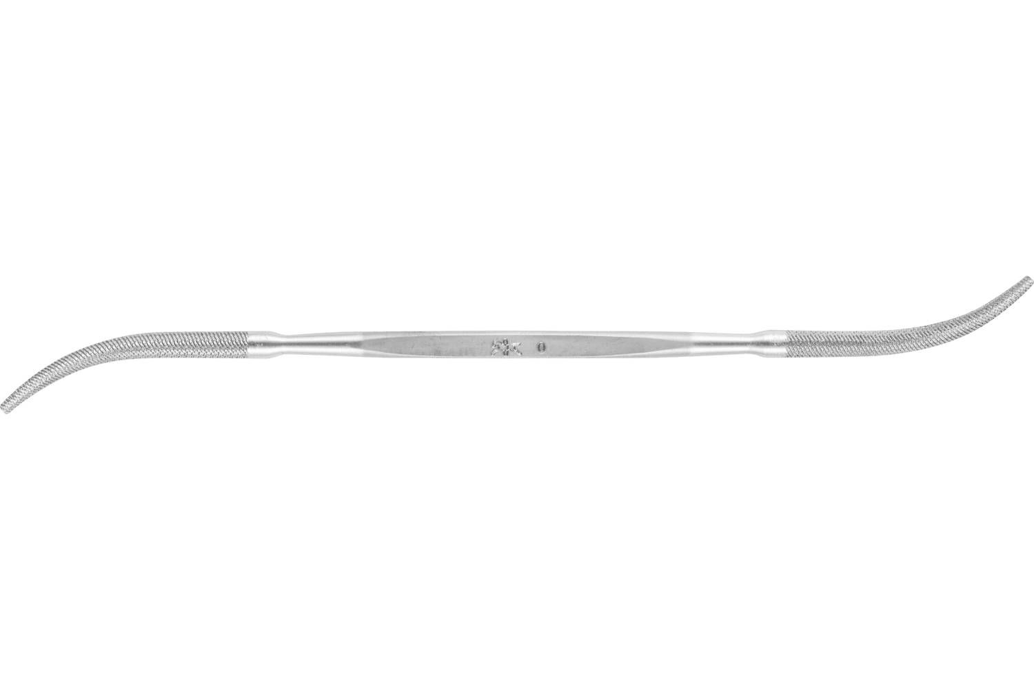 Silver metal surgical instrument with a long narrow handle and textured curved ends, shown on a white background.