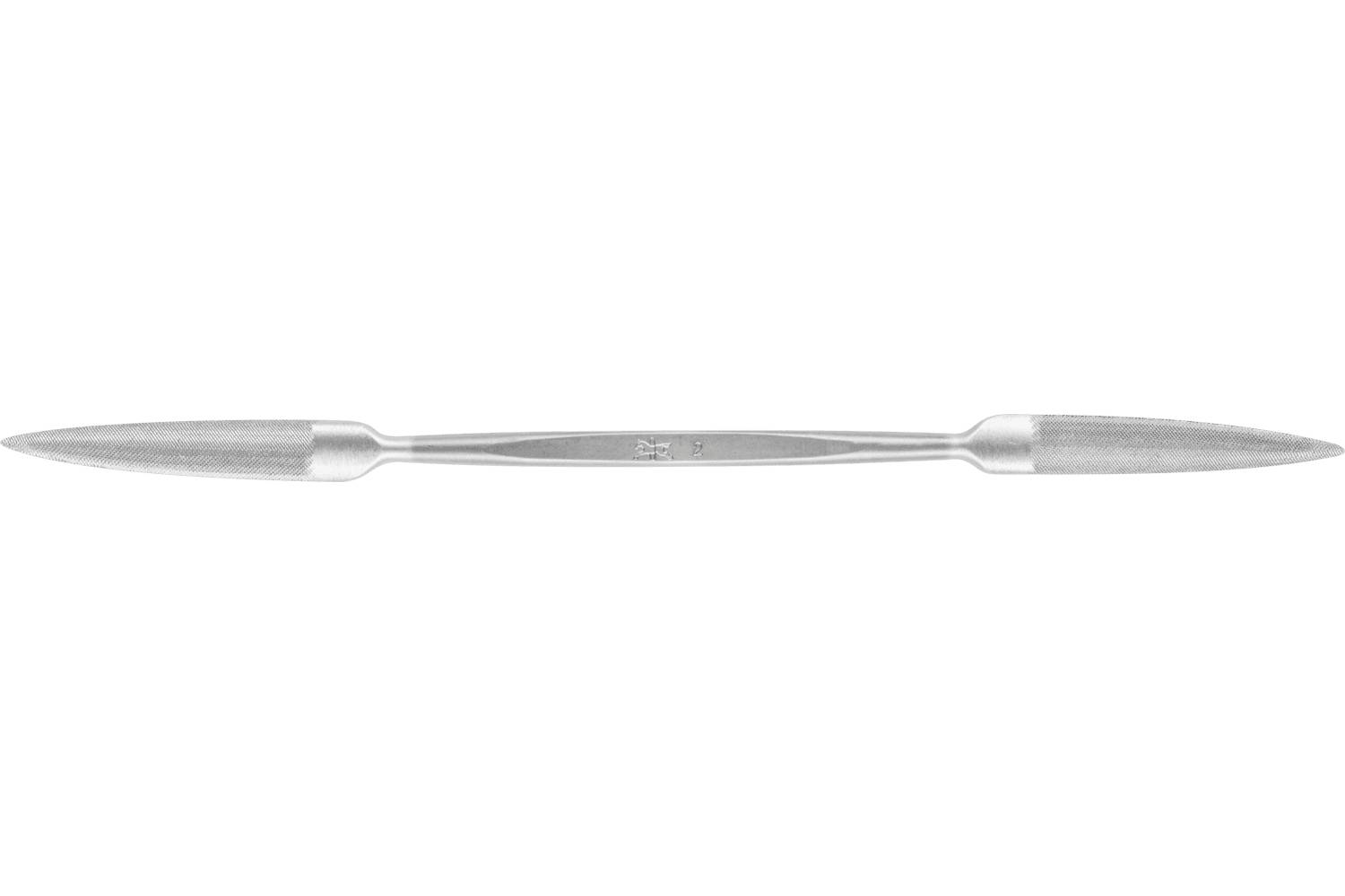 Silver double-ended manicure tool with two pointed metal tips on a white background.