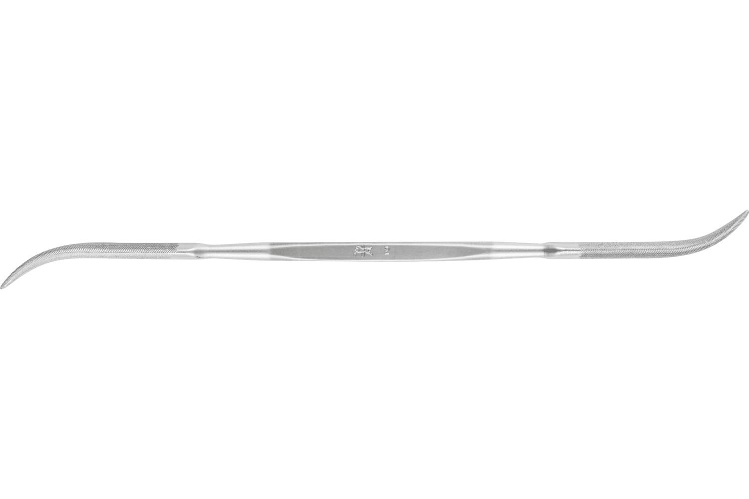 A double-ended metal dental scaler with curved tips on both ends, shown on a white background.