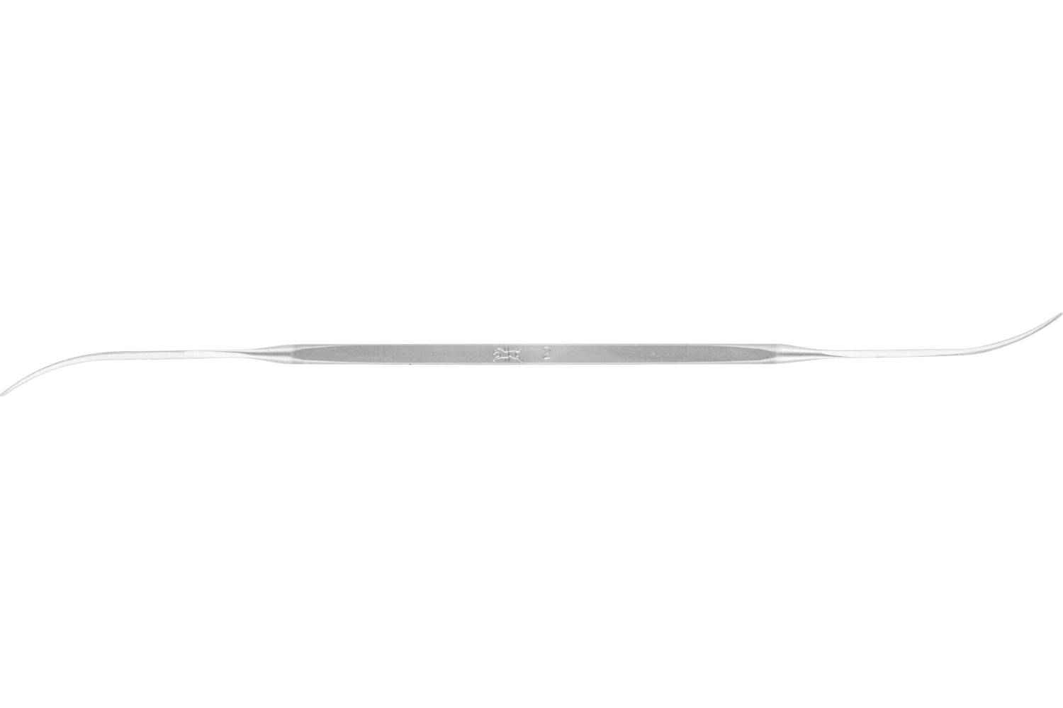 A thin metallic dental instrument with a flat central grip and hooked ends, shown horizontally on a white background.