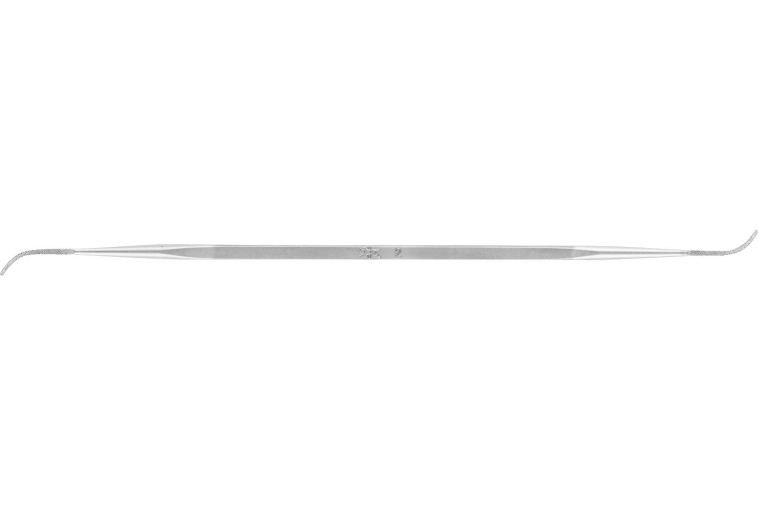 A long, slender metal dental tool with a textured center and angled hooked ends on a white background.