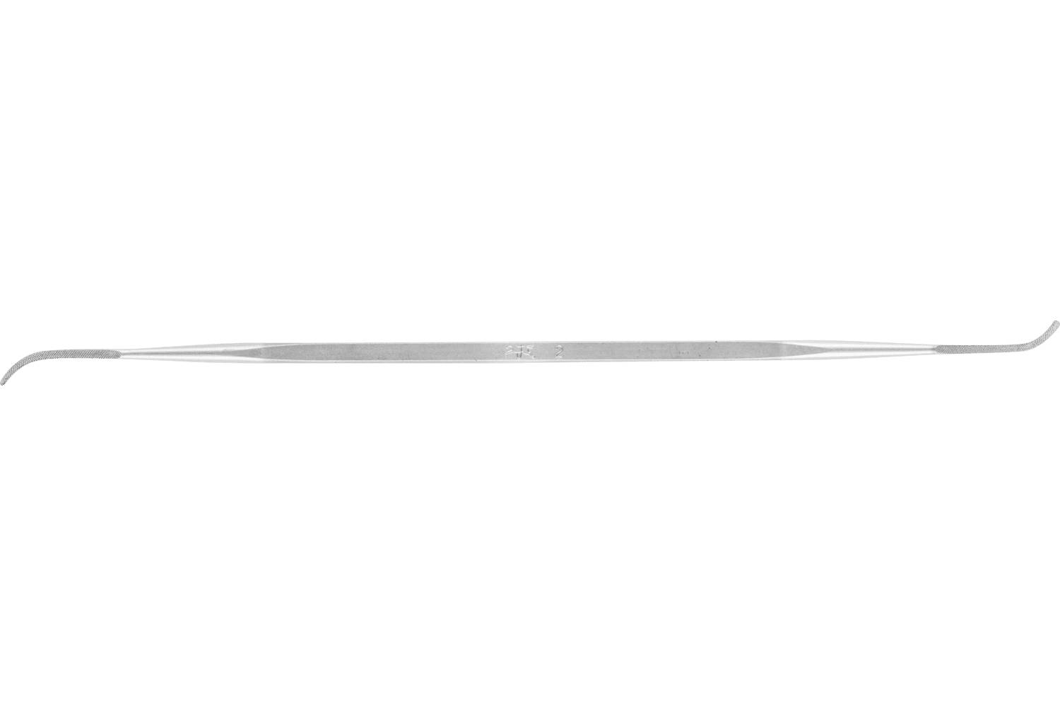 A long, thin silver surgical probe or needle with curved ends, shown horizontally on a white background.