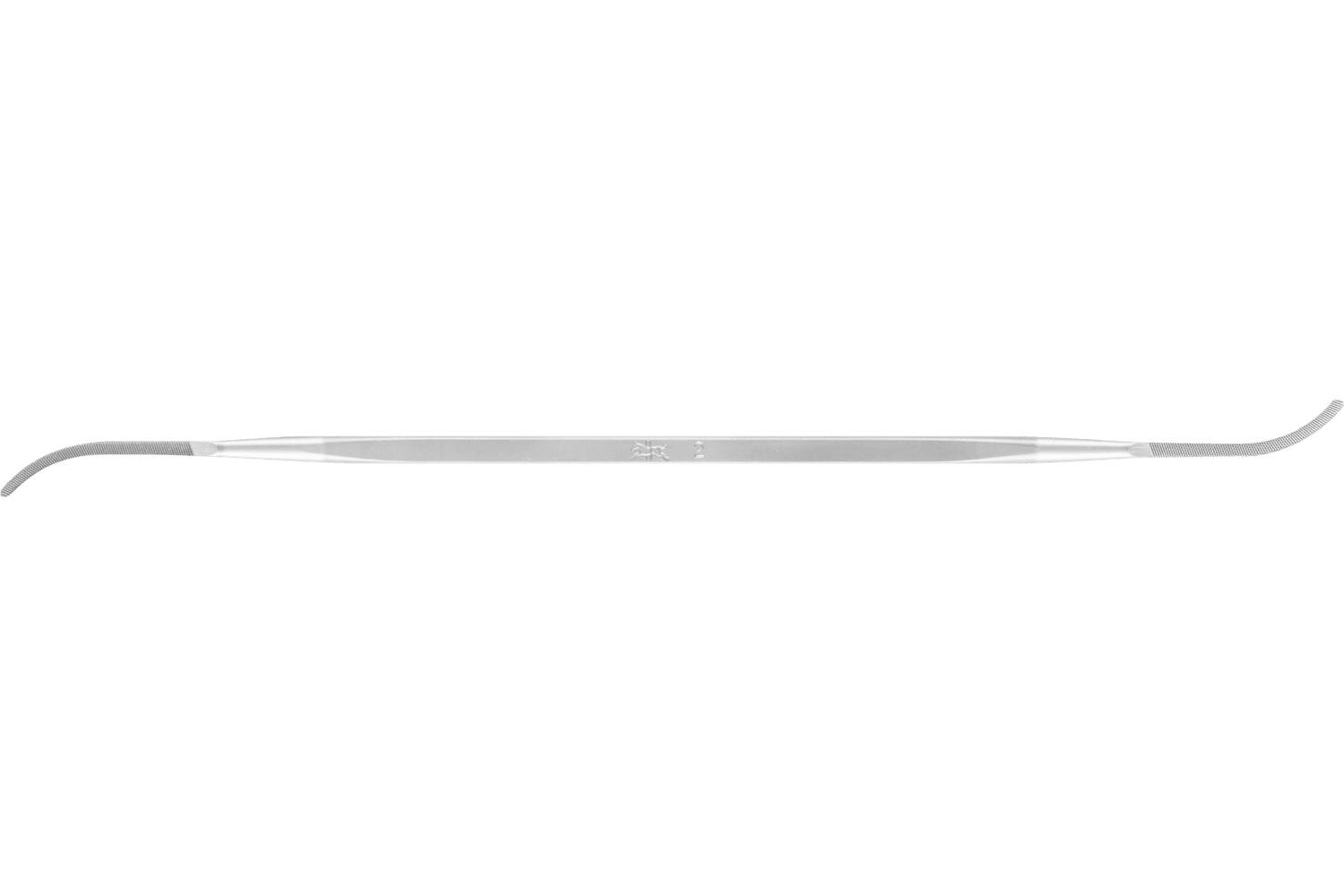 A slim silver metal tool with a long straight shaft and small curved hook at one end, shown on a white background.
