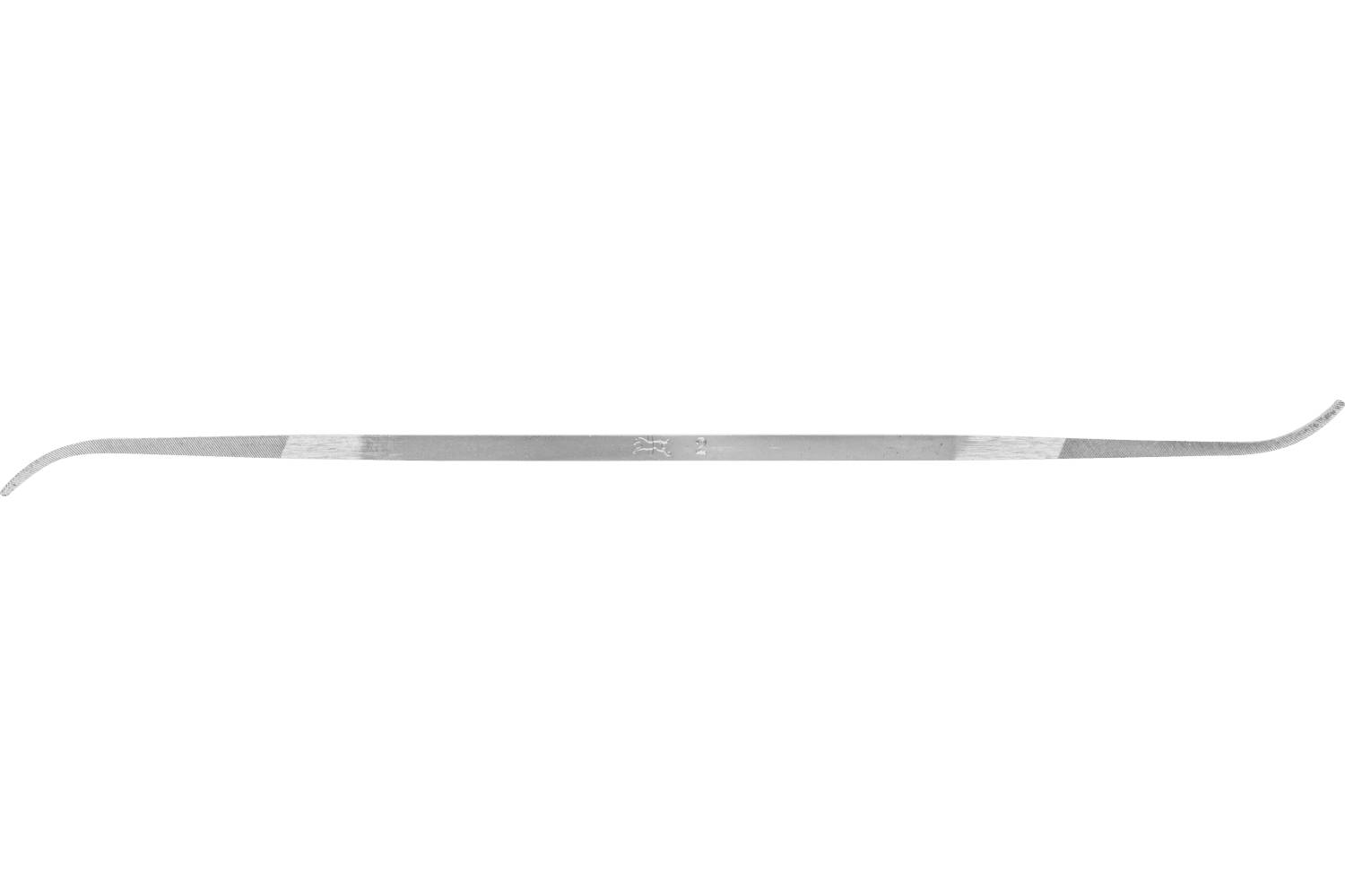 Long, thin silver metal tool with a straight center section and curved hooked ends on a white background.