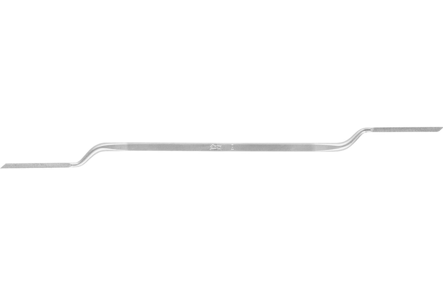 A long, thin silver metal rod with stepped bends, shown horizontally on a white background.
