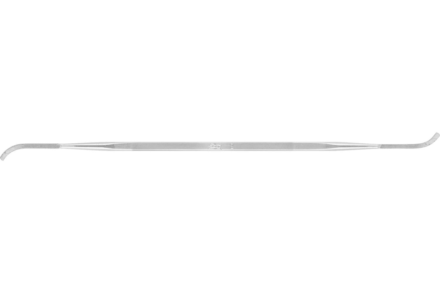 A long, thin metal surgical probe with a hooked tip on one end and a curved hook on the other, shown on a white background.