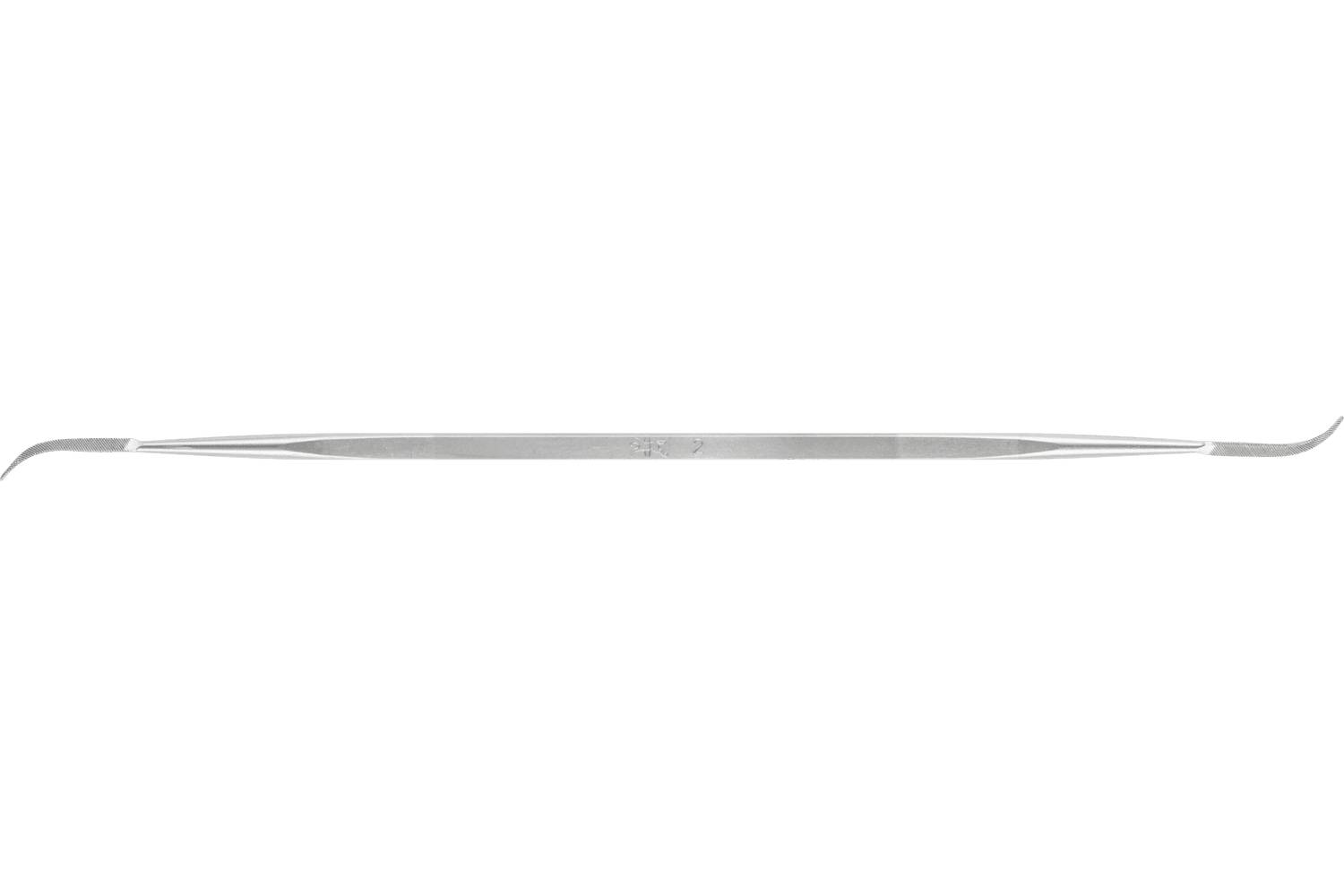 A long, thin silver metal strip or tool with tapered ends, shown horizontally on a white background.