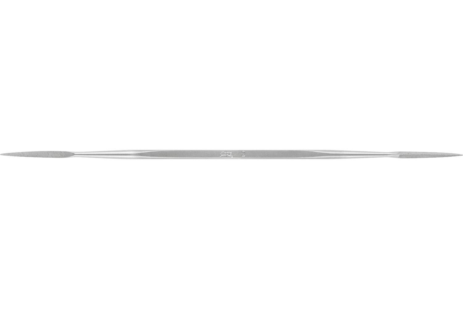 A slim silver writing instrument with tapered ends, shown horizontally on a white background.