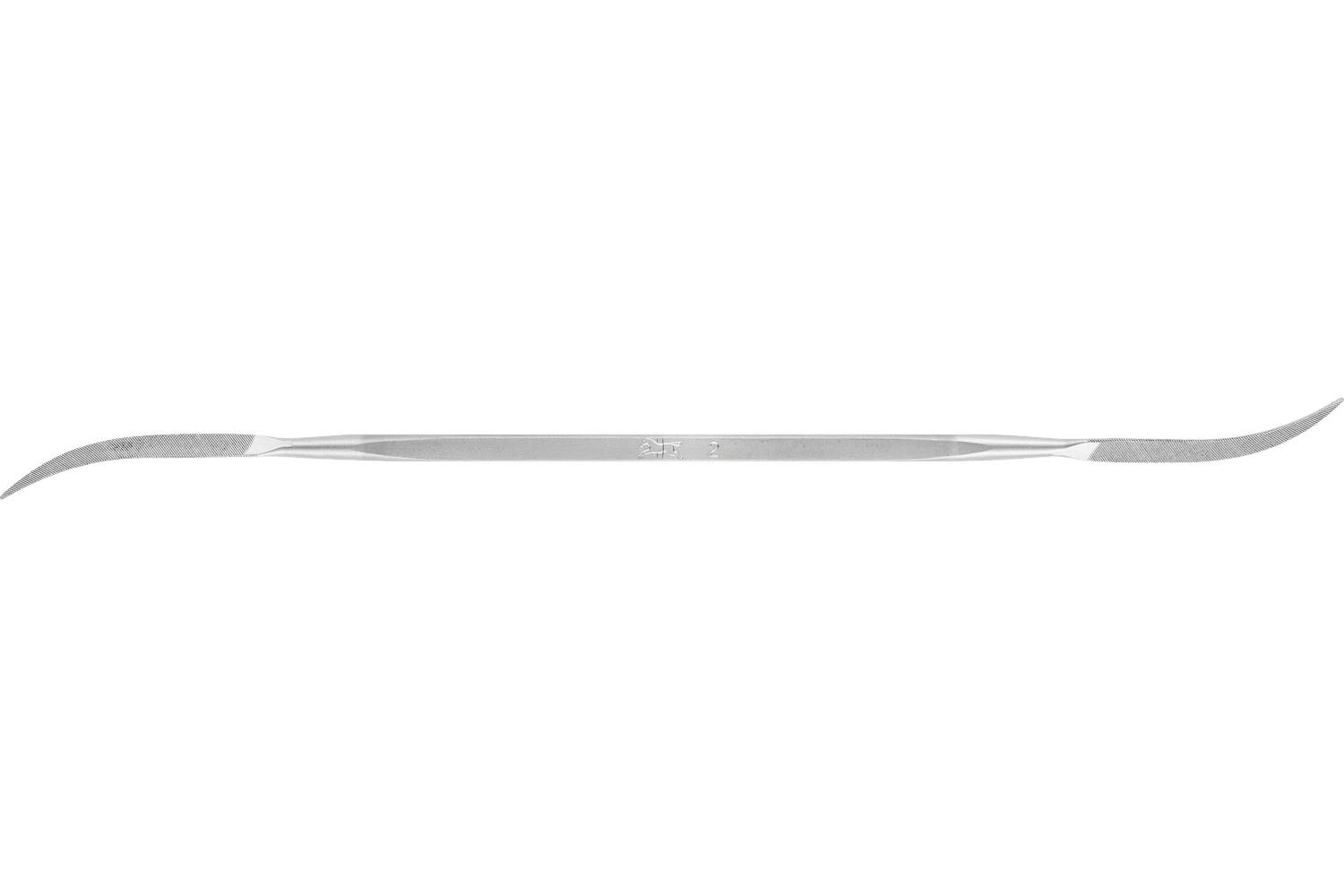 A slender metallic dental double-ended scaler tool with curved tips on both ends, shown on a white background.