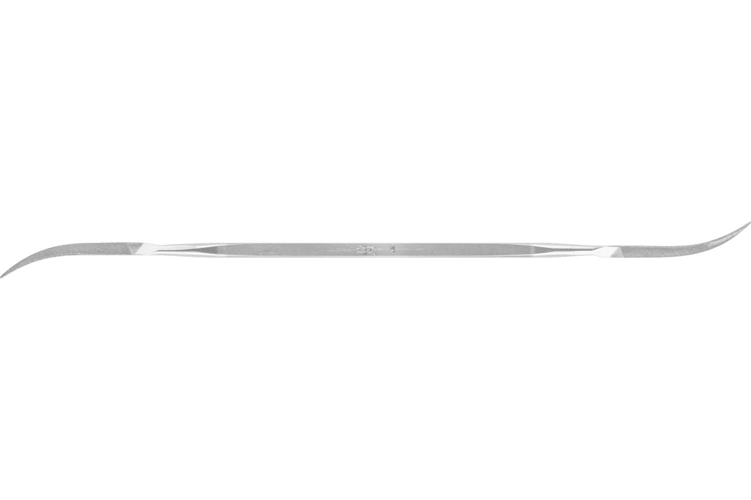 A long, thin metallic blade or instrument shown horizontally on a white background, with tapered ends and a slight curve at the right tip.