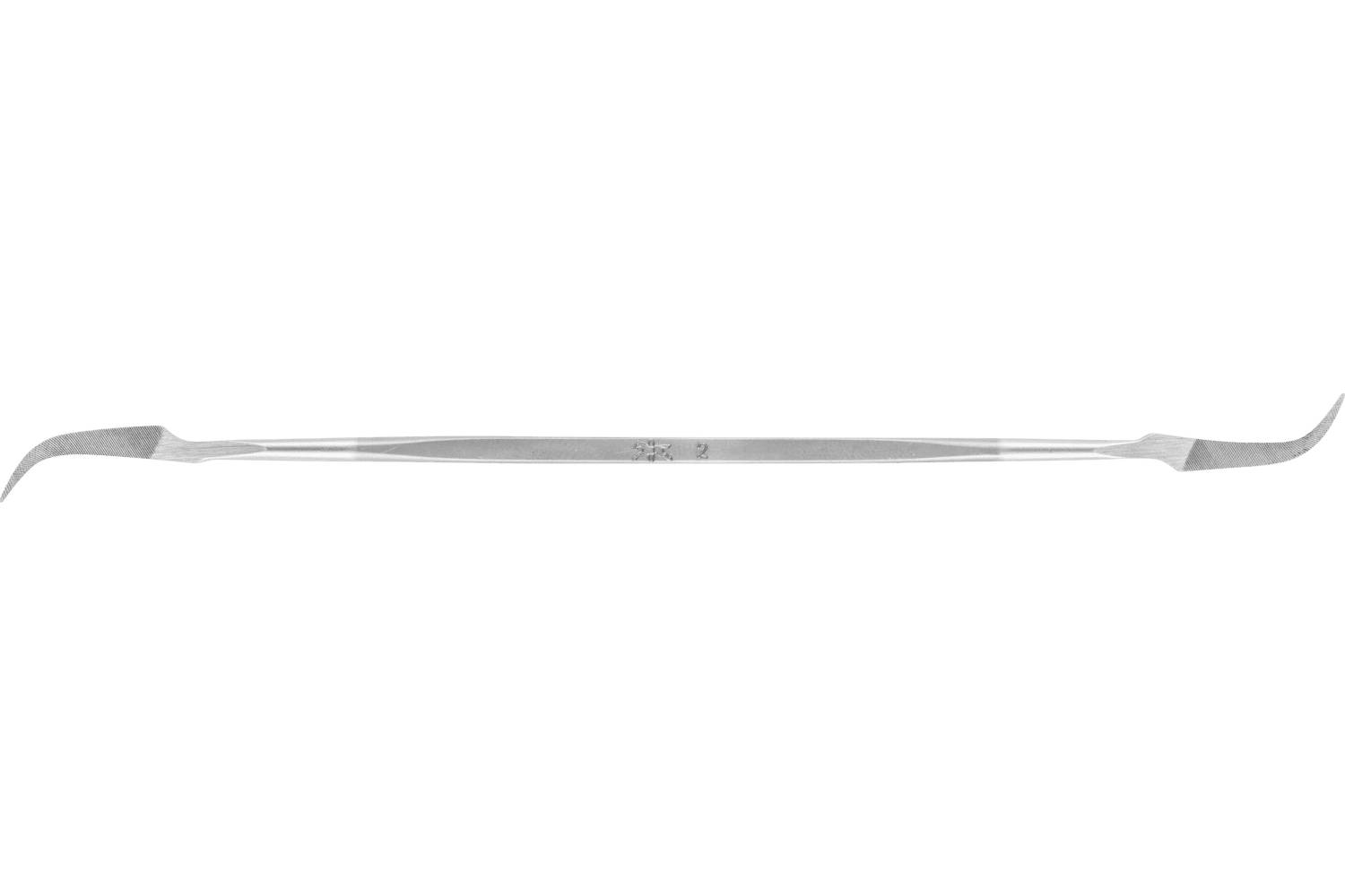 A long metal dental double-ended scaler with curved tips, shown horizontally on a white background.