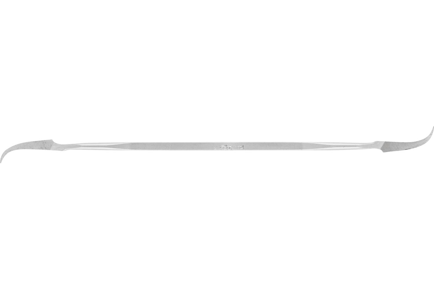 Long, thin silver metal tool with hooked ends on both sides, shown horizontally on a white background.