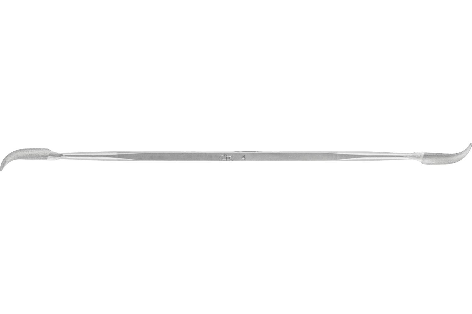 A double-ended metal dental instrument with curved pointed tips on both ends, shown on a plain white background.