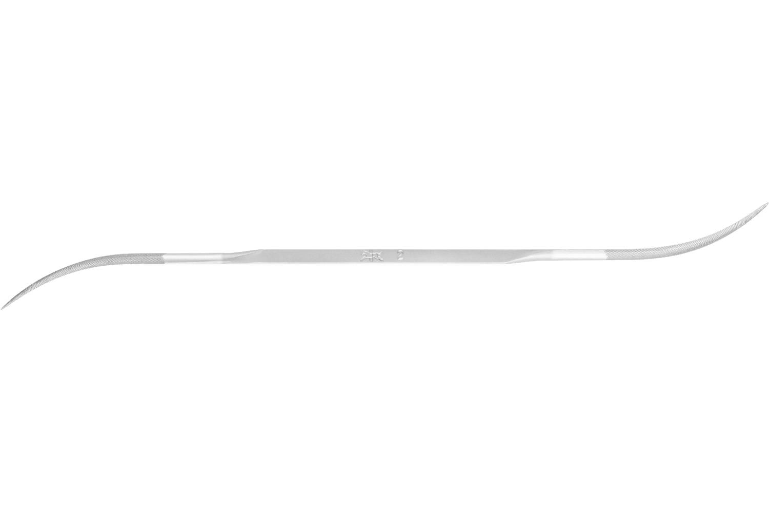 A long, thin metal dental instrument with curved, pointed ends on a white background.
