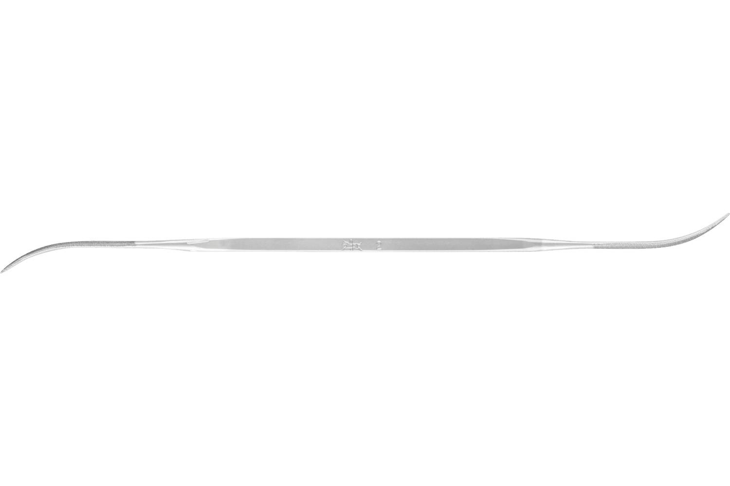 Zahnkürette mit schlankem silbernem Griff und gekrümmter Spitze, horizontal auf weißem Hintergrund dargestellt.
