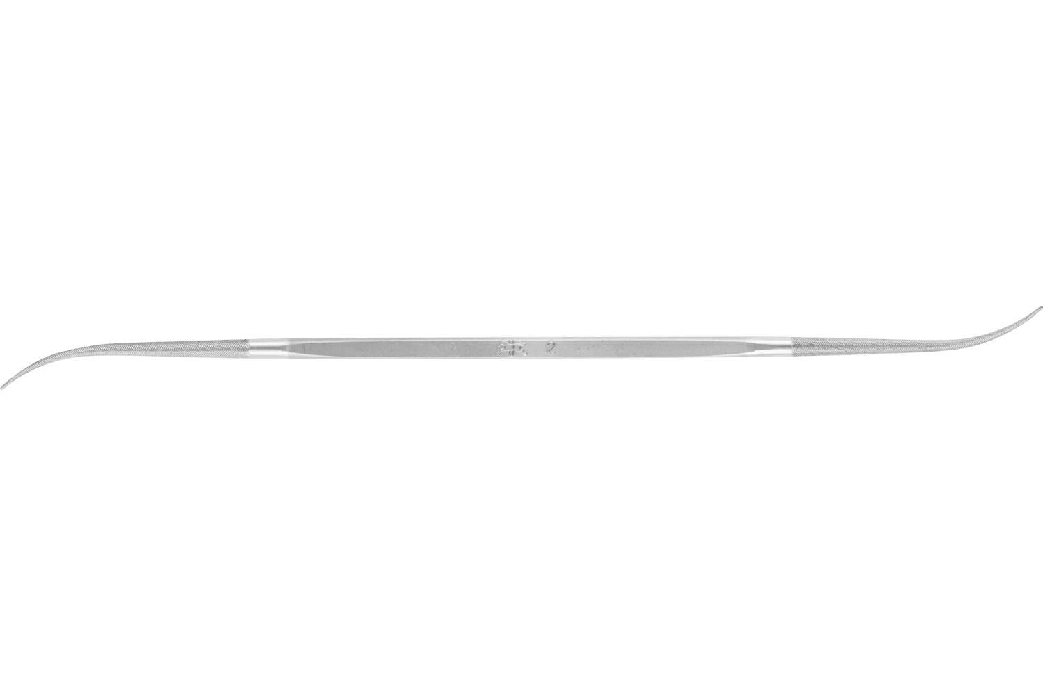 Silver double-ended dental scaler with a straight center and curved hooked tip on one end, shown on a white background.
