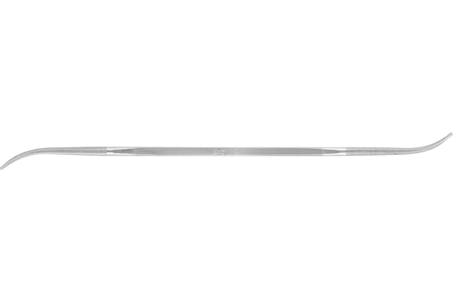 A slim silver metal dental instrument with a straight center and curved hooked tip on the right, shown on a white background.