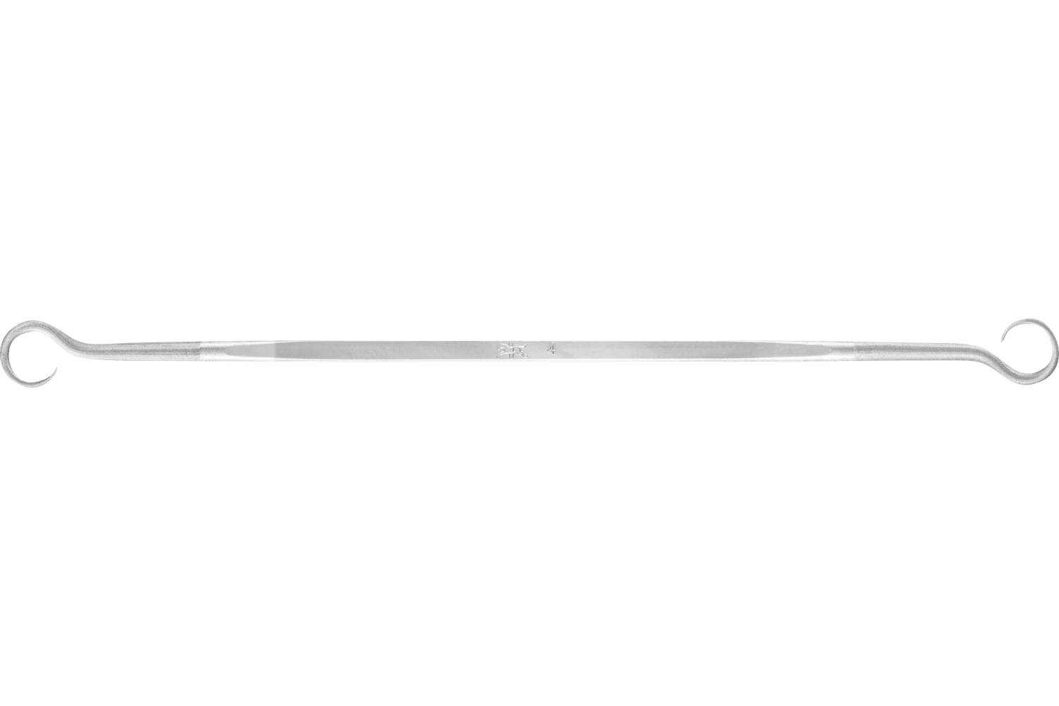 Long slender metal tool with small circular loops at both ends, shown horizontally on a white background.