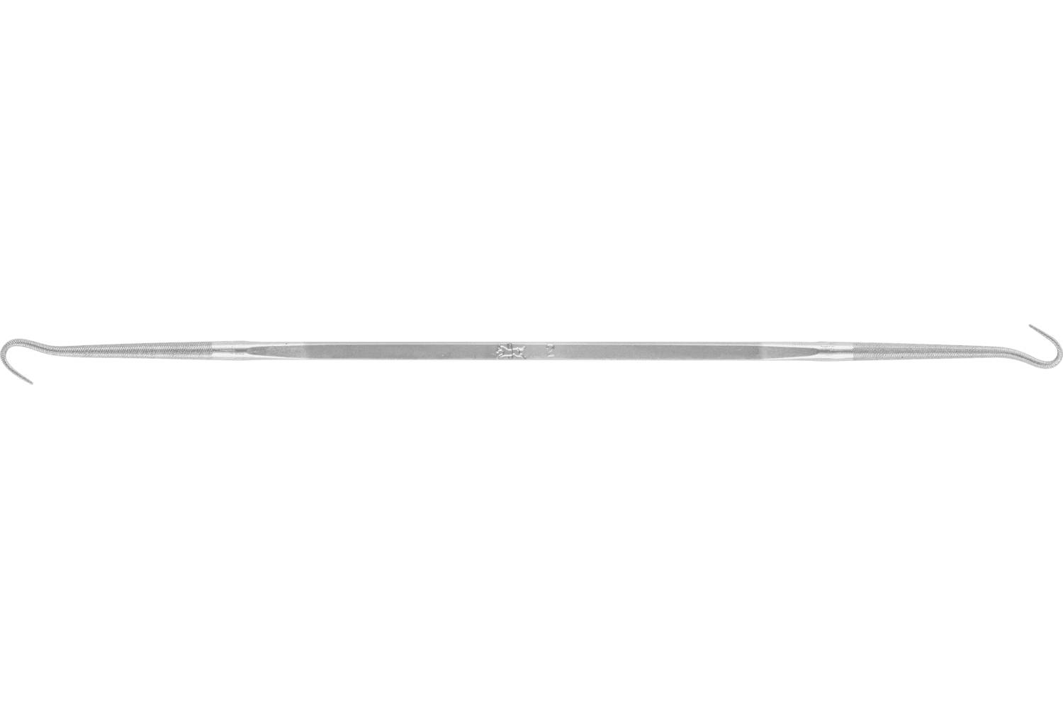 A long, slender metal double-ended crochet hook with curved tips on both ends, shown horizontally on a white background.
