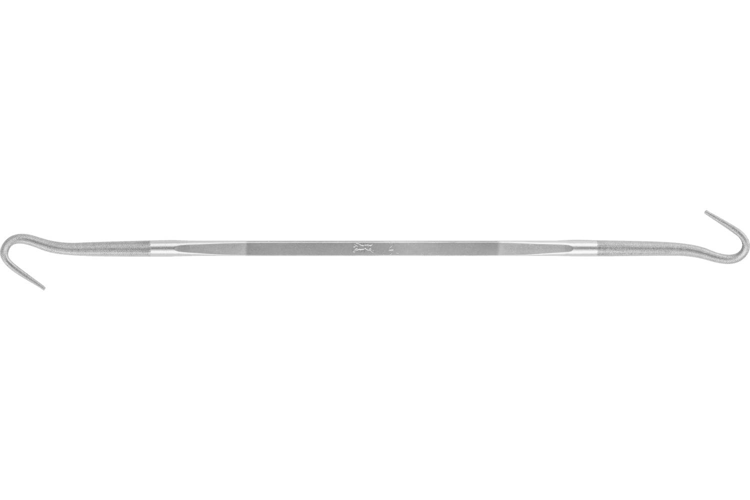Double-ended metal dental scaler tool with curved tips on both ends, shown on a white background.